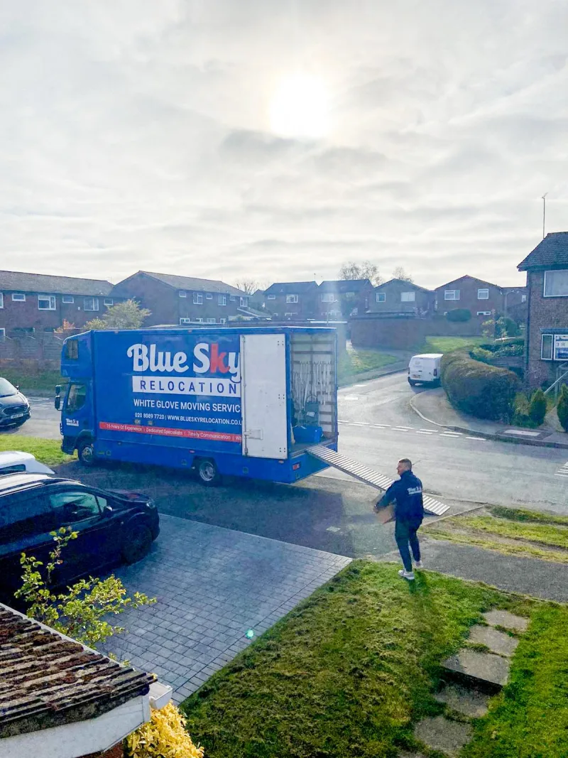 BlueSky Relocation removals lorry parked for loading in Slough SL1 2SF during a fixed price move