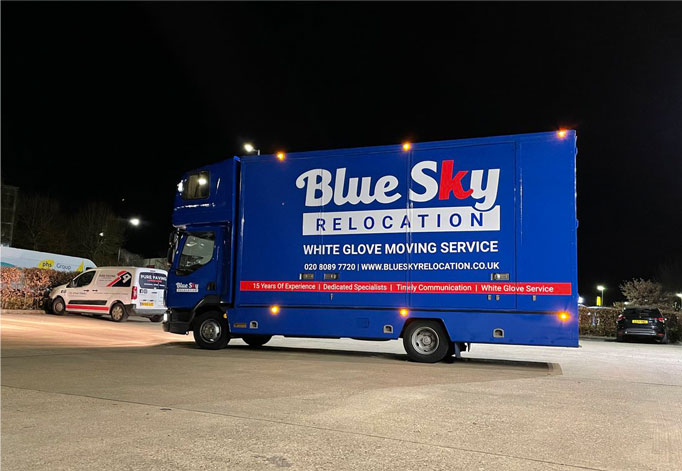 BlueSky Relocation removals lorry parked for loading in Wendover local, the South East