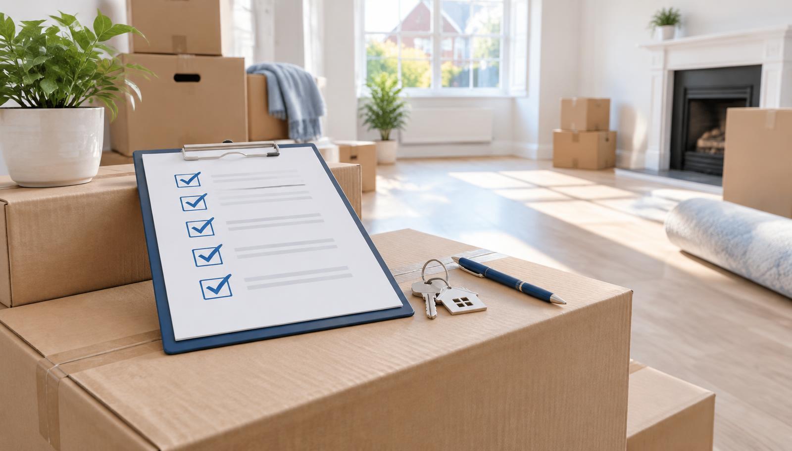 Moving house checklist on a clipboard resting on packed cardboard boxes with house keys beside it